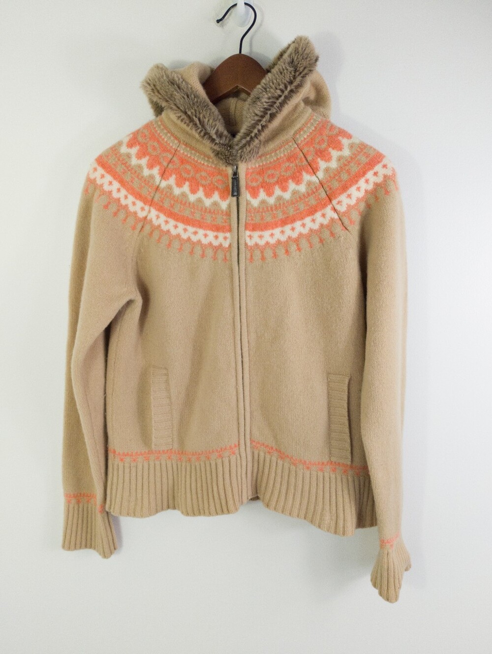 GAP Vintage Y2K 100% Lambswool Fair Isle Faux Fur Hooded Zip Sweater Large